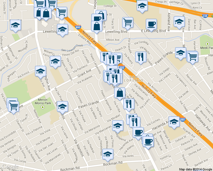 map of restaurants, bars, coffee shops, grocery stores, and more near 15951 Hesperian Boulevard in San Lorenzo
