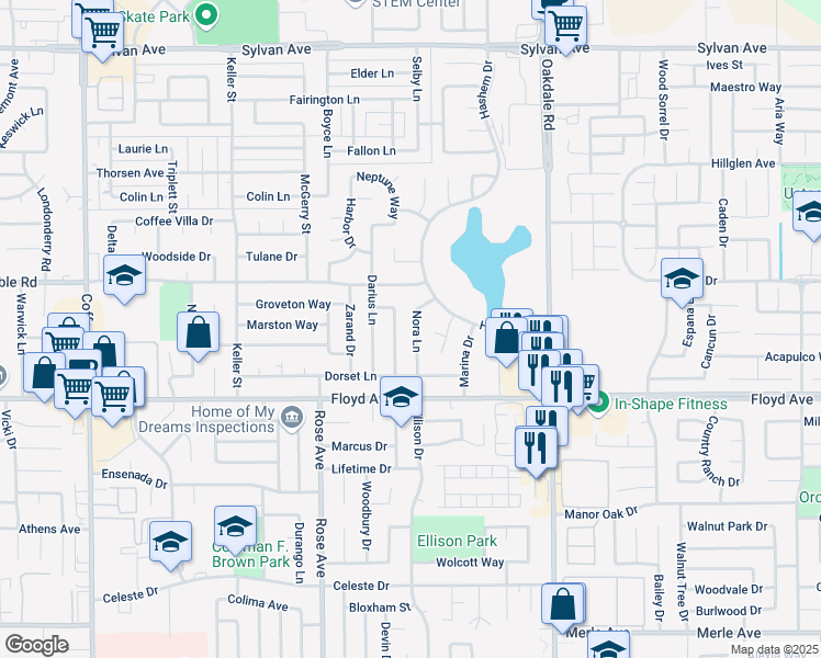 map of restaurants, bars, coffee shops, grocery stores, and more near 2720 Nora Lane in Modesto