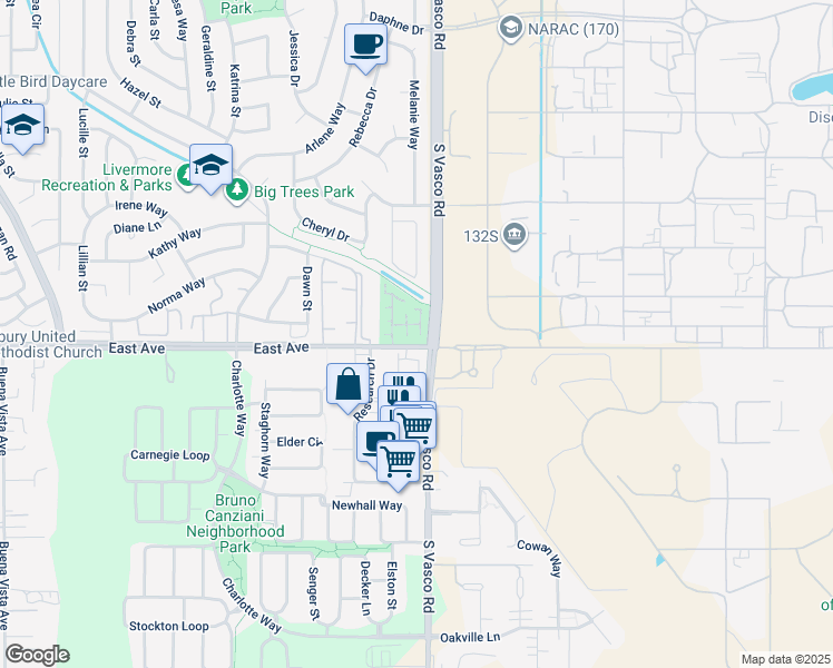 map of restaurants, bars, coffee shops, grocery stores, and more near 1947 Pinewood Common in Livermore