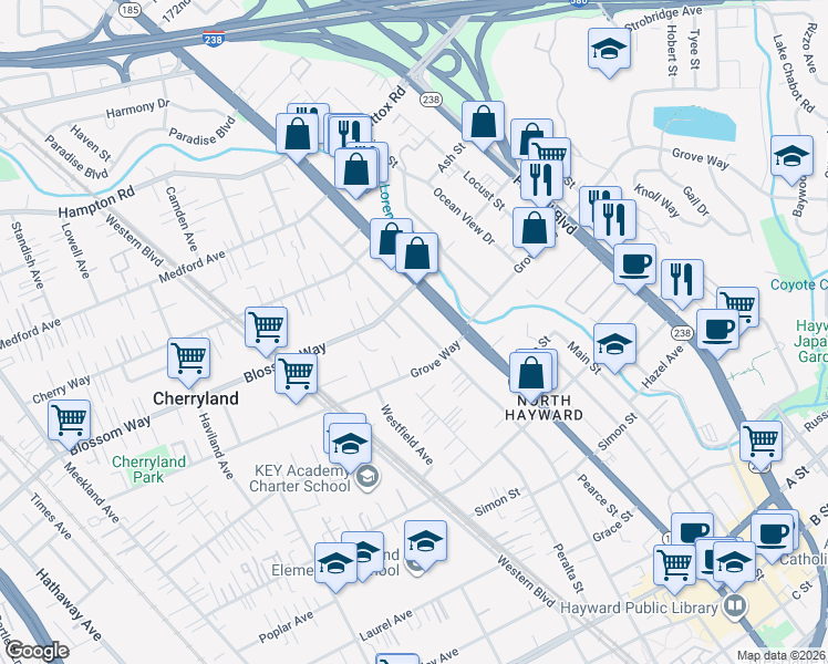 map of restaurants, bars, coffee shops, grocery stores, and more near 21381 Montgomery Avenue in Hayward