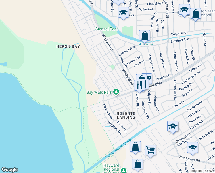 map of restaurants, bars, coffee shops, grocery stores, and more near 15470 Heron Drive in San Leandro