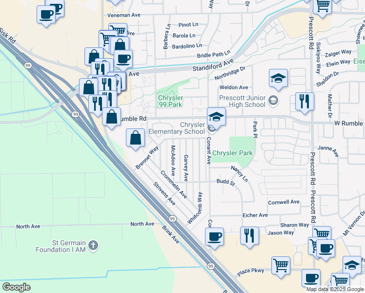 map of restaurants, bars, coffee shops, grocery stores, and more near 2712 Garvey Avenue in Modesto