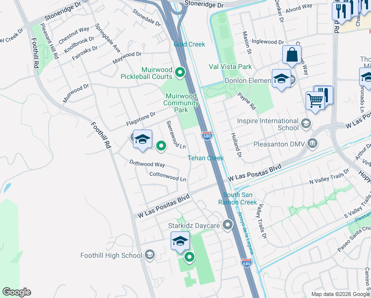 map of restaurants, bars, coffee shops, grocery stores, and more near 4431 Sandalwood Drive in Pleasanton