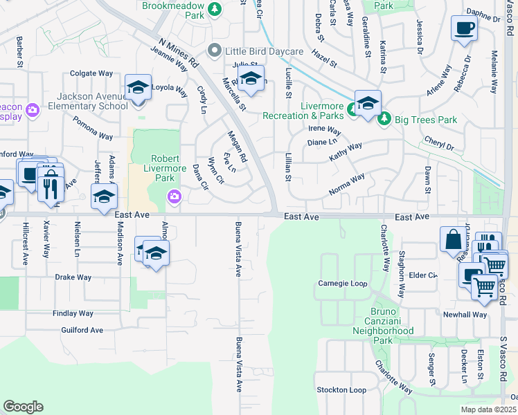 map of restaurants, bars, coffee shops, grocery stores, and more near 4927 Dana Court in Livermore