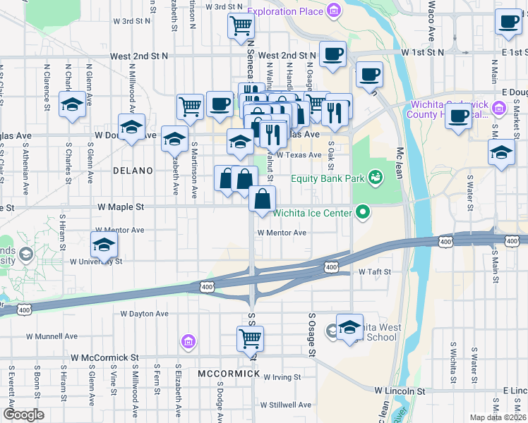 map of restaurants, bars, coffee shops, grocery stores, and more near 405 South Walnut Street in Wichita