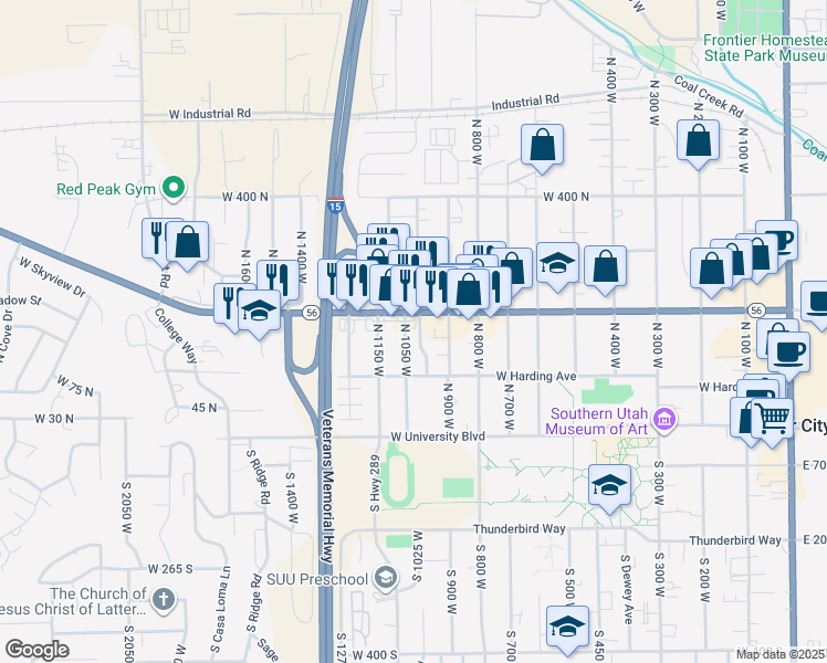 map of restaurants, bars, coffee shops, grocery stores, and more near 176 North 1050 West in Cedar City