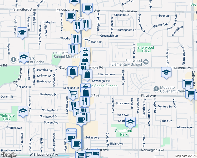 map of restaurants, bars, coffee shops, grocery stores, and more near 225 Kavanagh Avenue in Modesto