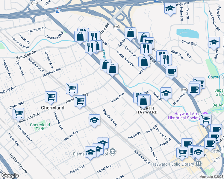 map of restaurants, bars, coffee shops, grocery stores, and more near 21381 Montgomery Avenue in Hayward