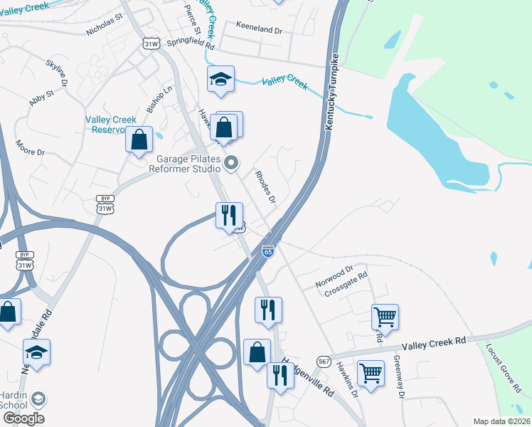 map of restaurants, bars, coffee shops, grocery stores, and more near Gateway Drive in Elizabethtown