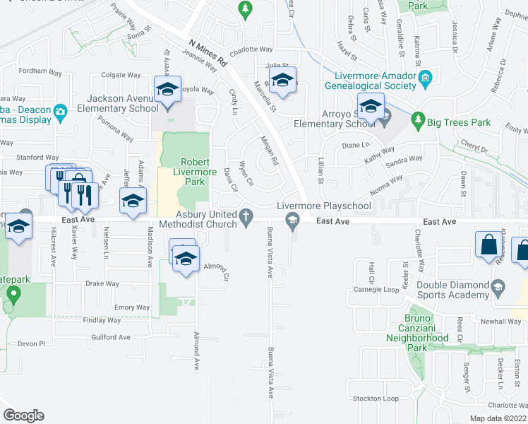 map of restaurants, bars, coffee shops, grocery stores, and more near 1137 Dana Circle in Livermore