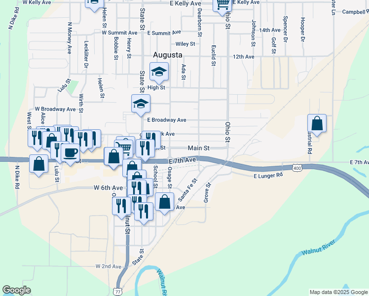 map of restaurants, bars, coffee shops, grocery stores, and more near 226 Main Street in Augusta