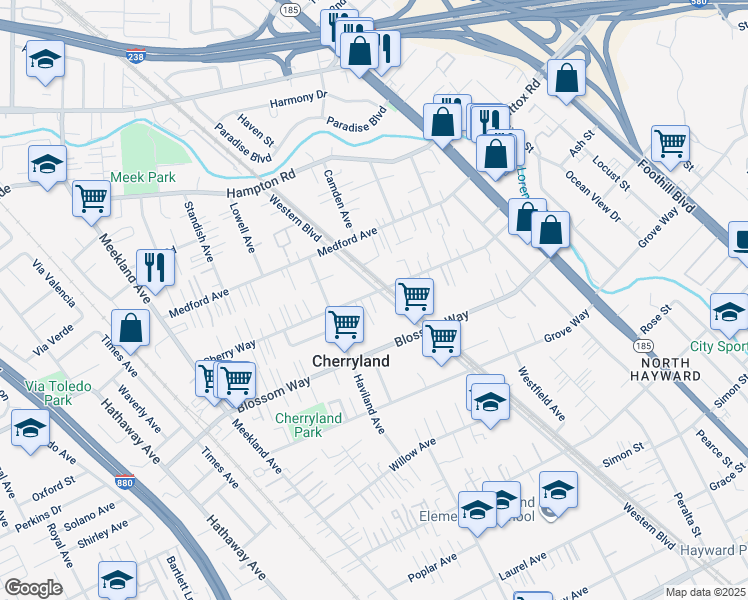 map of restaurants, bars, coffee shops, grocery stores, and more near 577 Cherry Way in Hayward