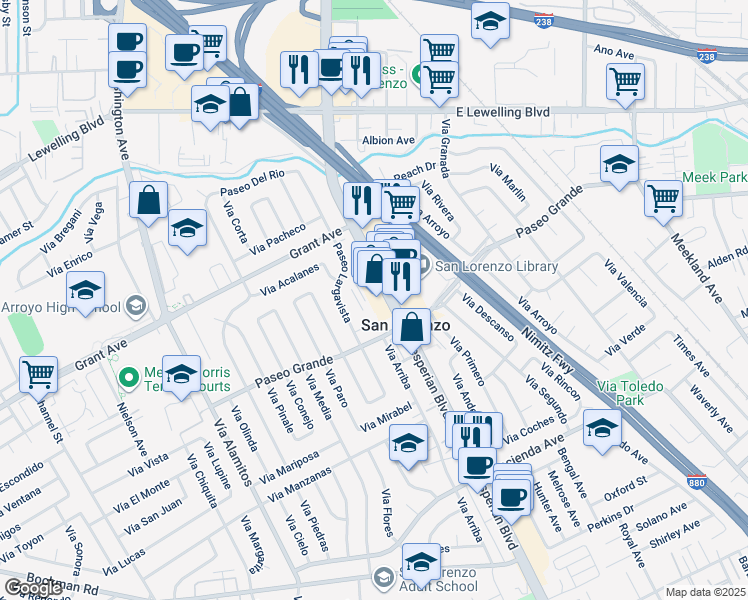map of restaurants, bars, coffee shops, grocery stores, and more near 15951 Hesperian Boulevard in San Lorenzo