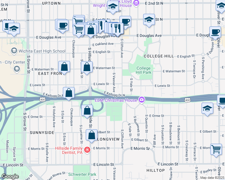 map of restaurants, bars, coffee shops, grocery stores, and more near 431 South Vassar Street in Wichita