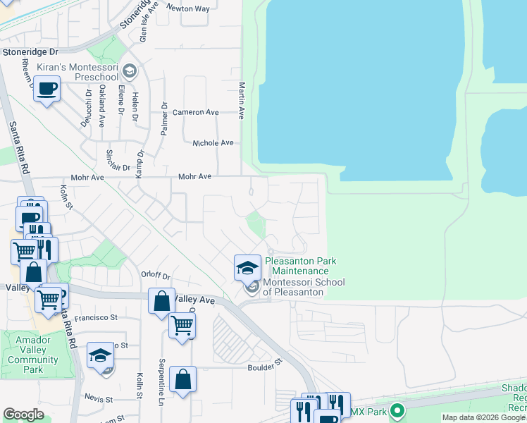 map of restaurants, bars, coffee shops, grocery stores, and more near 3358 Ledgestone Court in Pleasanton