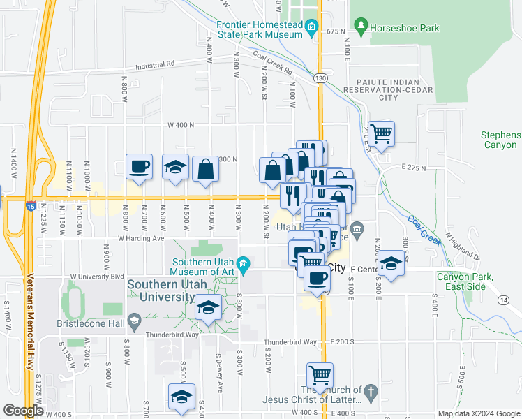 map of restaurants, bars, coffee shops, grocery stores, and more near 165 North 200 West Street in Cedar City