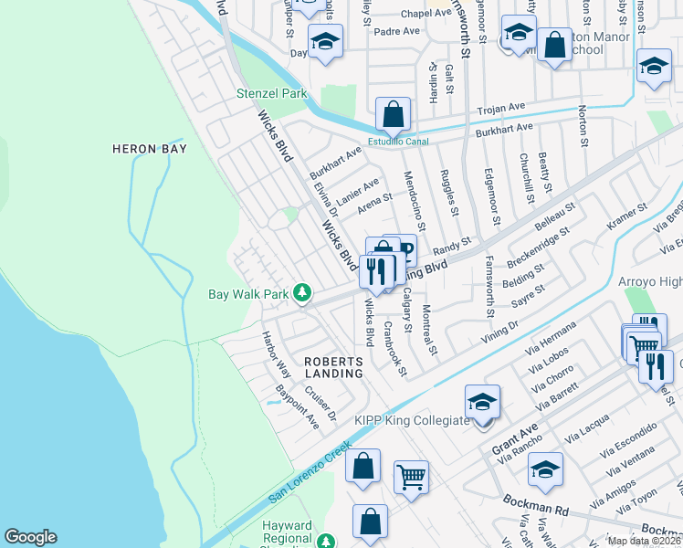 map of restaurants, bars, coffee shops, grocery stores, and more near 192 Santa Teresa in San Leandro