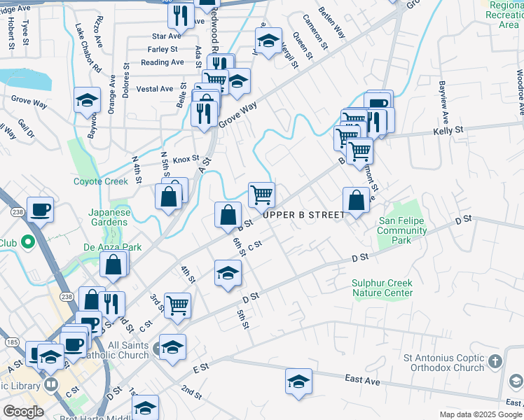 map of restaurants, bars, coffee shops, grocery stores, and more near 1711 B Street in Hayward