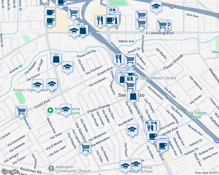 map of restaurants, bars, coffee shops, grocery stores, and more near 16005 Mateo Street in San Leandro