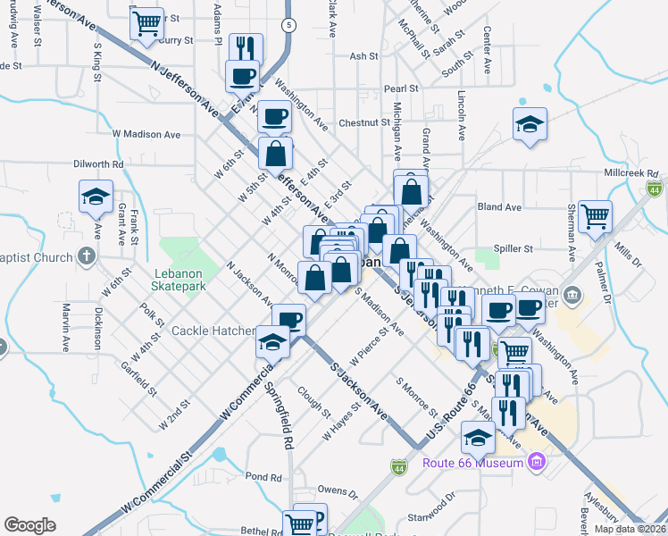 map of restaurants, bars, coffee shops, grocery stores, and more near 105 North Madison Avenue in Lebanon