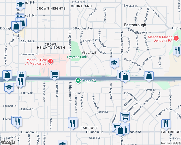 map of restaurants, bars, coffee shops, grocery stores, and more near 445 South Waverly Street in Wichita