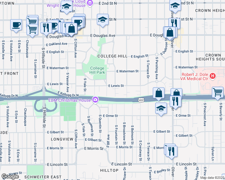 map of restaurants, bars, coffee shops, grocery stores, and more near 428 South Fountain Street in Wichita