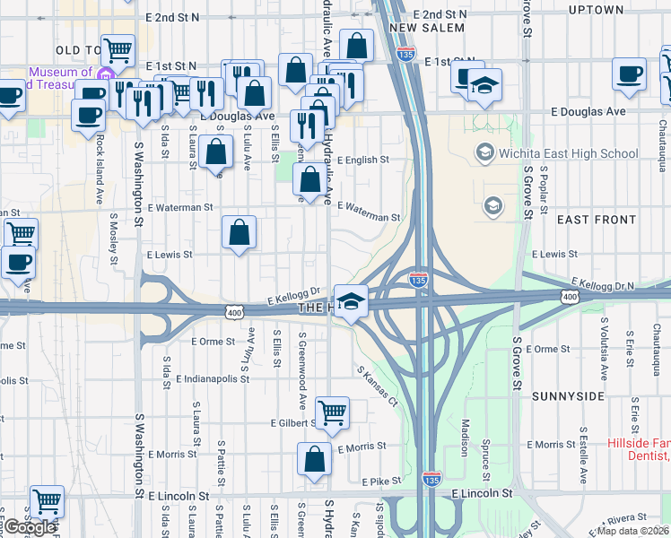 map of restaurants, bars, coffee shops, grocery stores, and more near 418 South Hydraulic Avenue in Wichita