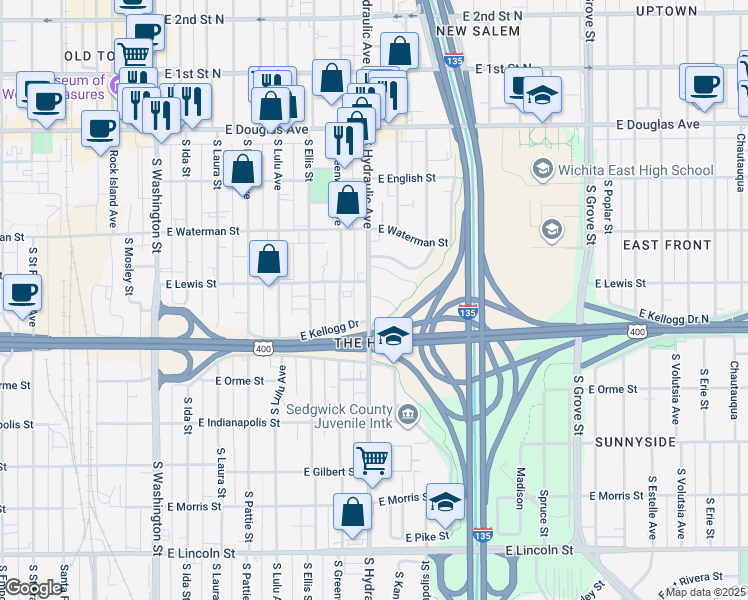 map of restaurants, bars, coffee shops, grocery stores, and more near 418 South Hydraulic Avenue in Wichita