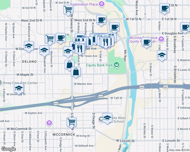 map of restaurants, bars, coffee shops, grocery stores, and more near 711 West Maple Street in Wichita