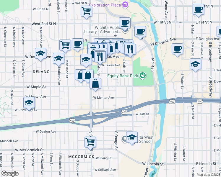 map of restaurants, bars, coffee shops, grocery stores, and more near 421 S Osage St in Wichita
