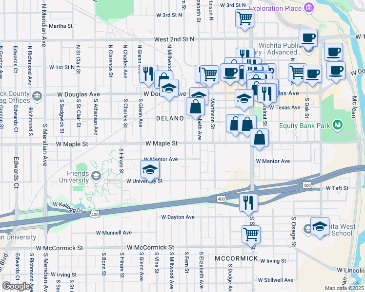 map of restaurants, bars, coffee shops, grocery stores, and more near 427 South Fern Street in Wichita