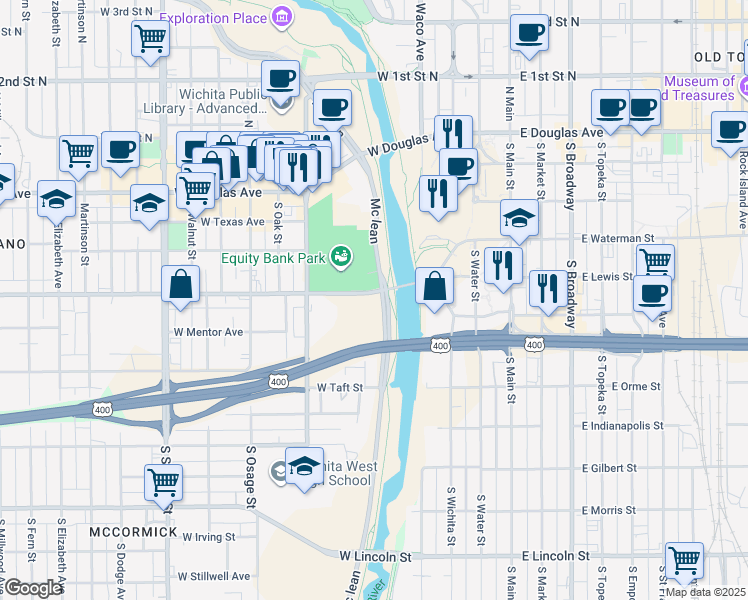 map of restaurants, bars, coffee shops, grocery stores, and more near 333 West Maple Street in Wichita