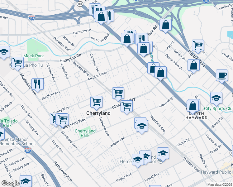 map of restaurants, bars, coffee shops, grocery stores, and more near 21170 Western Boulevard in Hayward