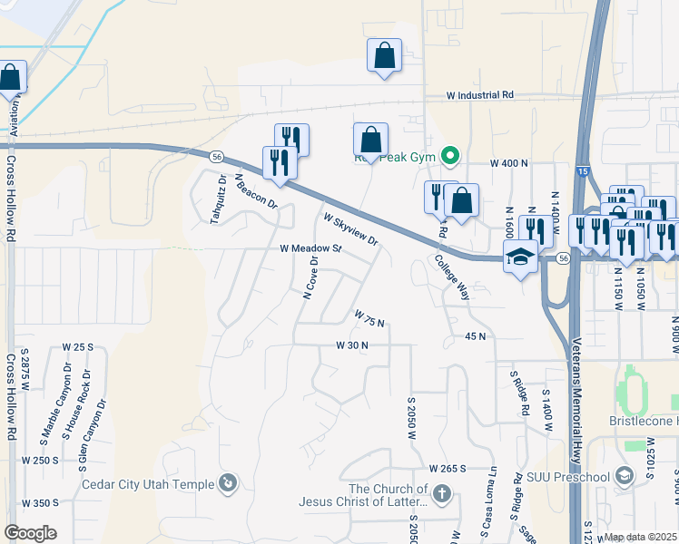 map of restaurants, bars, coffee shops, grocery stores, and more near West Saddleback Road in Cedar City