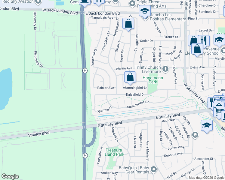 map of restaurants, bars, coffee shops, grocery stores, and more near 173 Rainier Avenue in Livermore