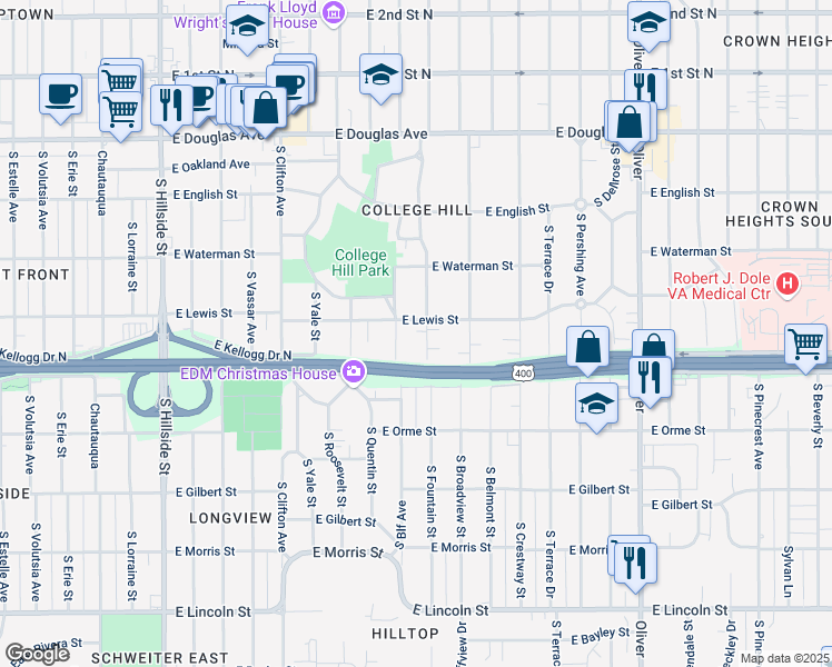 map of restaurants, bars, coffee shops, grocery stores, and more near 428 South Fountain Street in Wichita