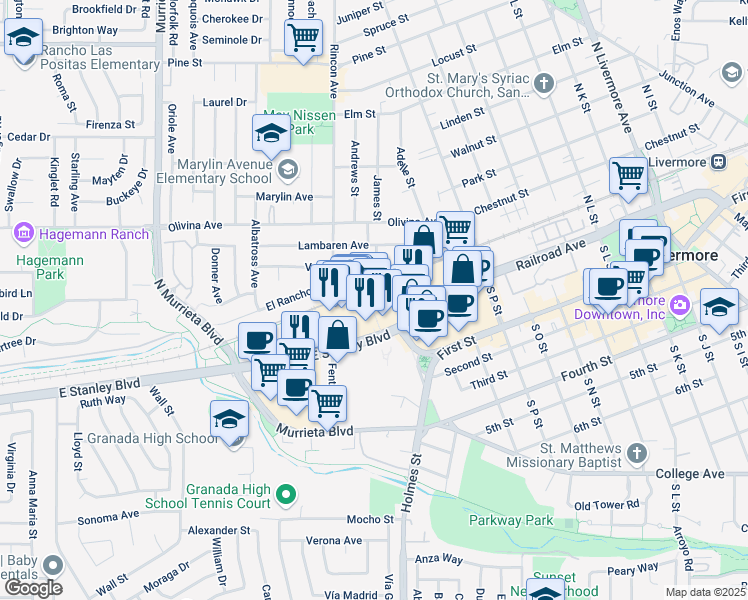 map of restaurants, bars, coffee shops, grocery stores, and more near 1122 East Stanley Boulevard in Livermore