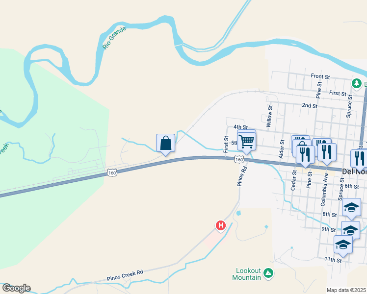 map of restaurants, bars, coffee shops, grocery stores, and more near 14173-14395 U.S. 160 in Del Norte