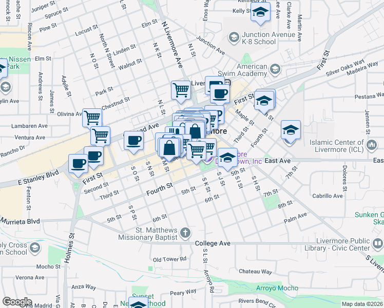 map of restaurants, bars, coffee shops, grocery stores, and more near 343 South K Street in Livermore