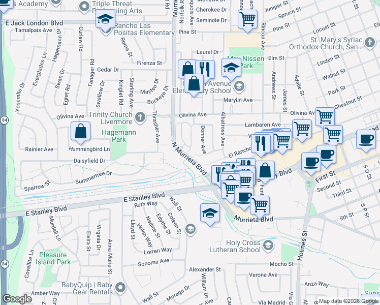 map of restaurants, bars, coffee shops, grocery stores, and more near 189 Northwood Commons in Livermore
