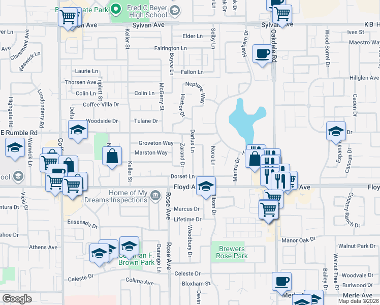 map of restaurants, bars, coffee shops, grocery stores, and more near 2809 Darius Lane in Modesto