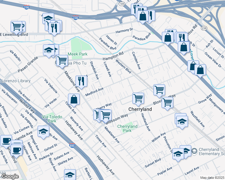 map of restaurants, bars, coffee shops, grocery stores, and more near 241 Medford Avenue in Hayward