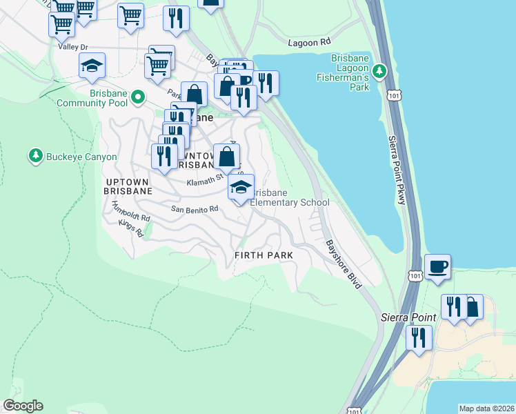 map of restaurants, bars, coffee shops, grocery stores, and more near 693 San Bruno Avenue in Brisbane