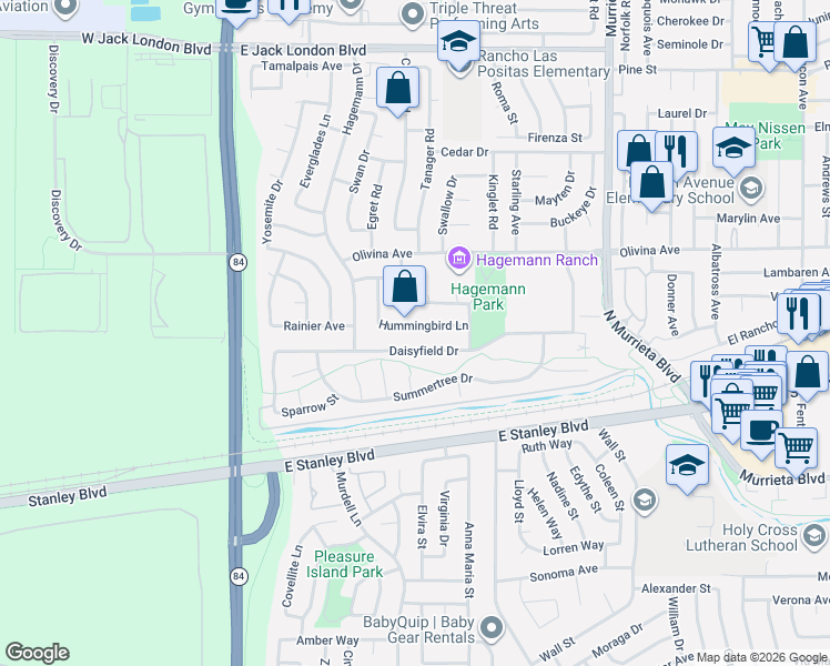 map of restaurants, bars, coffee shops, grocery stores, and more near 439 Hummingbird Lane in Livermore