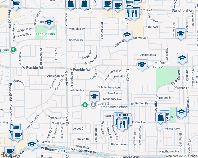 map of restaurants, bars, coffee shops, grocery stores, and more near 1508 Hamilton Avenue in Modesto