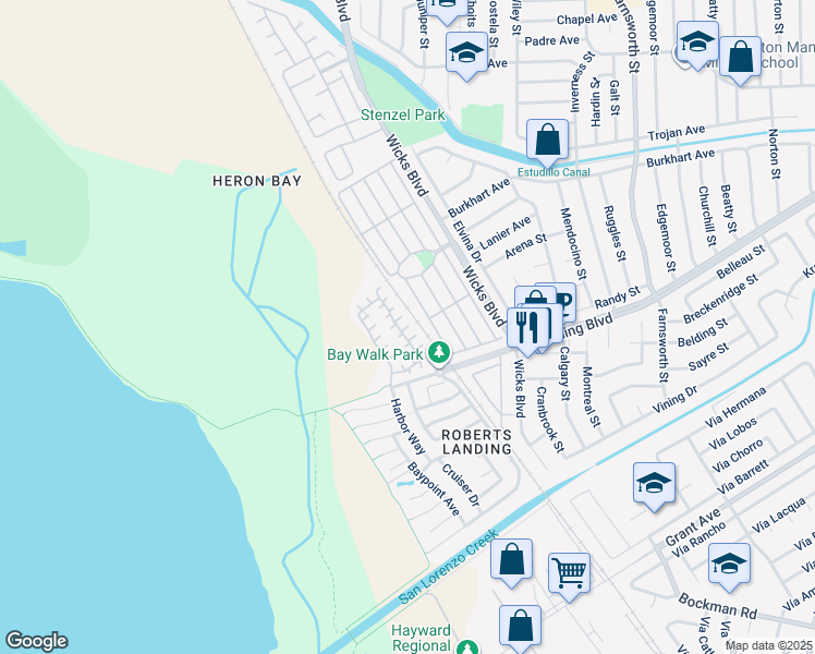 map of restaurants, bars, coffee shops, grocery stores, and more near 2223 Kingfisher Court in San Leandro