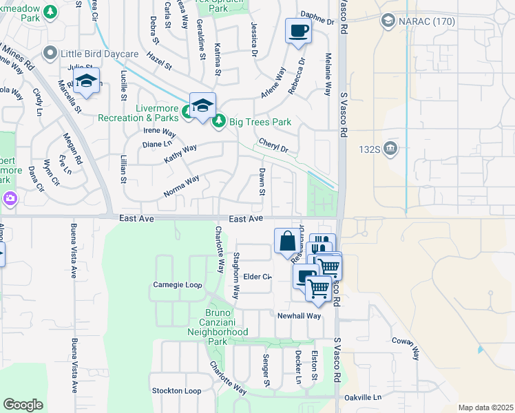 map of restaurants, bars, coffee shops, grocery stores, and more near 5697 Jacquiline Way in Livermore