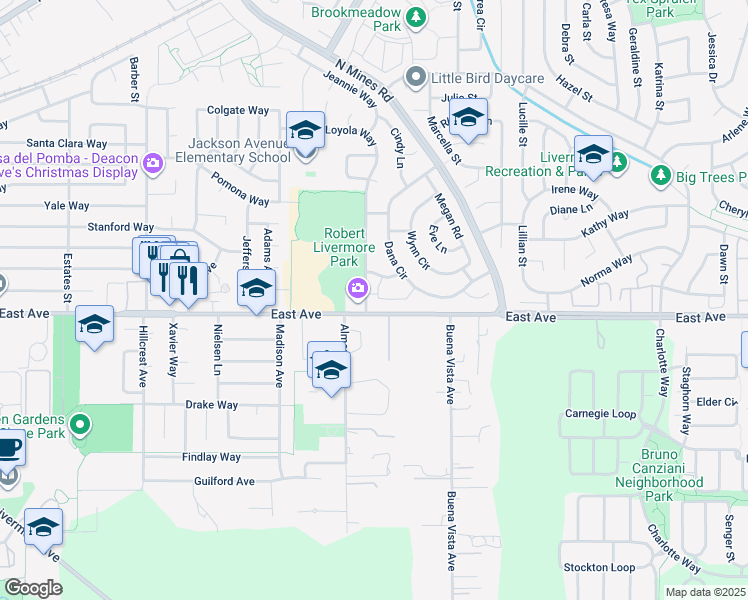 map of restaurants, bars, coffee shops, grocery stores, and more near 4633 Gerrilyn Way in Livermore