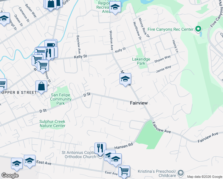 map of restaurants, bars, coffee shops, grocery stores, and more near 23730 Stratton Court in Hayward