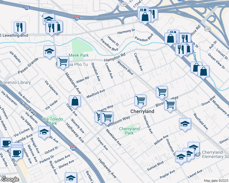 map of restaurants, bars, coffee shops, grocery stores, and more near 241 Medford Avenue in Hayward
